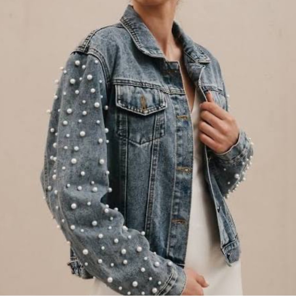 Women with Control Blue Jean Jacket with Pearl Accents